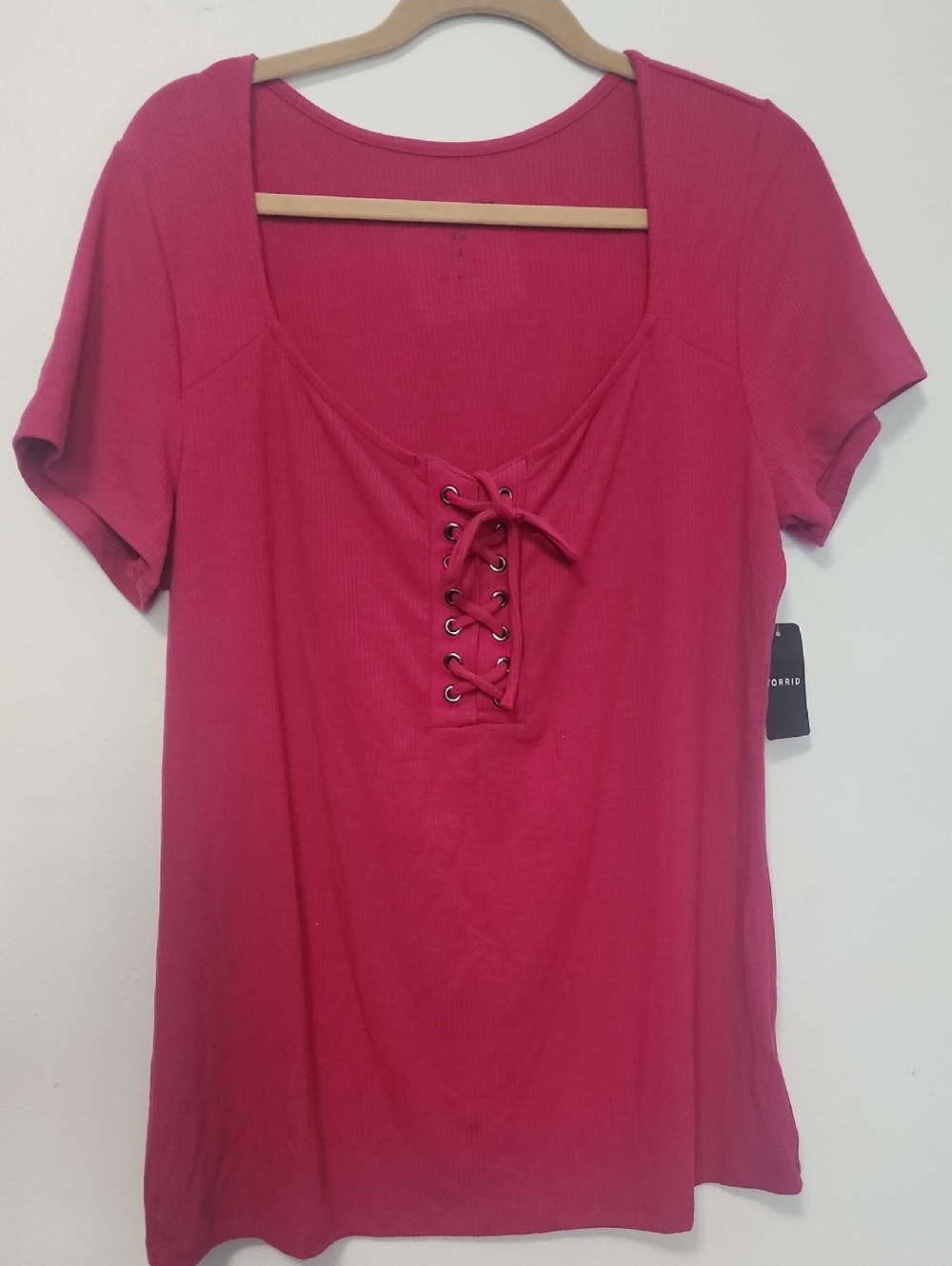 Lace-Up Scoop Neck Short Sleeve Top - Pink Torrid